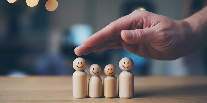 Hand placing a blue wooden peg among three other pegs on a wooden surface fingers wooden pegs blue peg