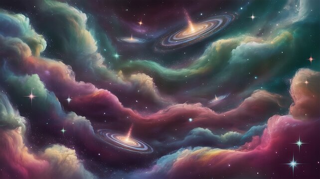 Stunning cosmic nebula background with colorful gas clouds spiraling galaxies and bright stars in deep interstellar space art.