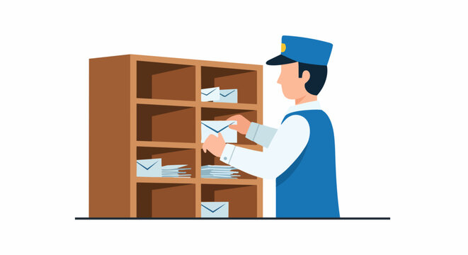 Postman in Blue Uniform Sorting Mail into Wooden Pigeonhole Shelves Flat Vector Illustration