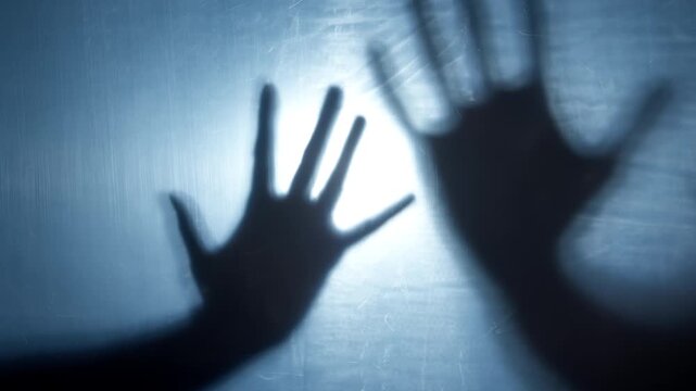 Silhouette of blurry human hands touching scratched glass surface in dark blue room. Creepy ghost palms reaching out for bright light during horror nightmare.
