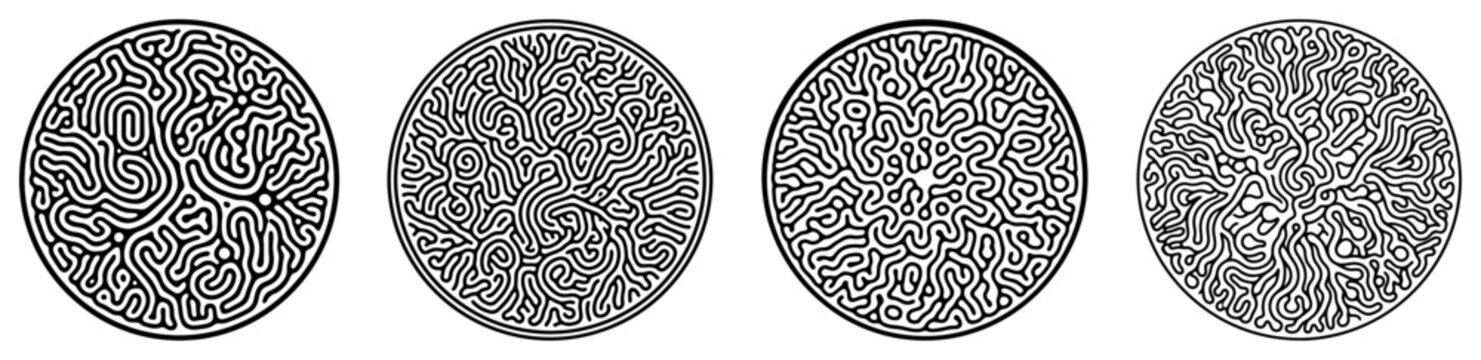 Round labyrinth circles featuring organic reaction diffusion and maze patterns