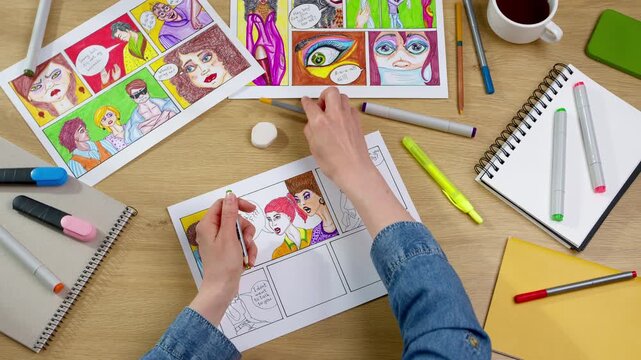 Top view of hands drawing colorful comic book characters with markers at wooden workplace. Creative artist making storyboard sketches on paper sheet near office supplies.