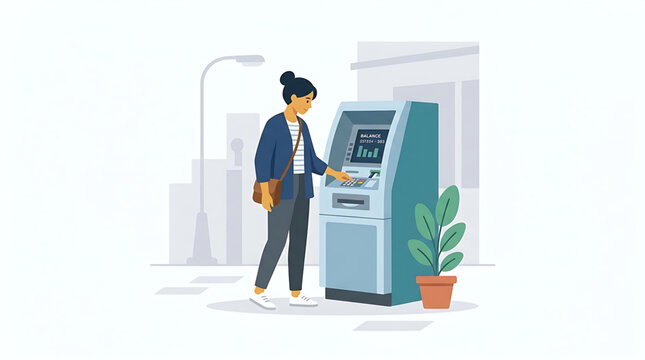 Woman using an atm machine to check her bank account balance