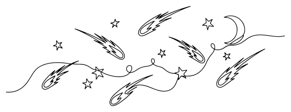 Shooting stars and comets flying across the night sky in continuous line art style