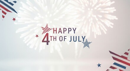 Fototapeta premium Happy 4th of July text with patriotic stars and fireworks illustration on a light background, celebrating American Independence Day with festive elements and a bright, celebratory atmosphere.