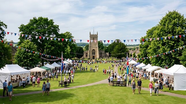 English Village Summer Fete with Market Stalls and Historic Church