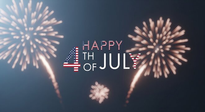Happy Fourth of July text with American flag elements and fireworks exploding in the night sky, festive celebration graphic design