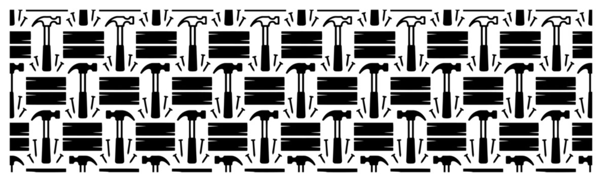 Carpentry tools pattern featuring hammers nails and wooden planks in a flat monochromatic style