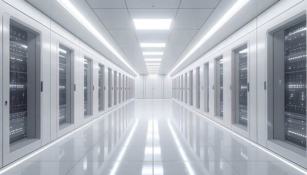Clean futuristic white server room hallway with rows of illuminated computer racks, a sterile environment for data storage and technology, creating a sense of order and advanced infrastructure