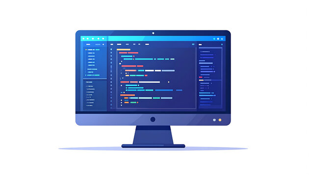 Computer monitor displaying lines of code in a dark theme, representing programming and software development, digital workspace, technology illustration