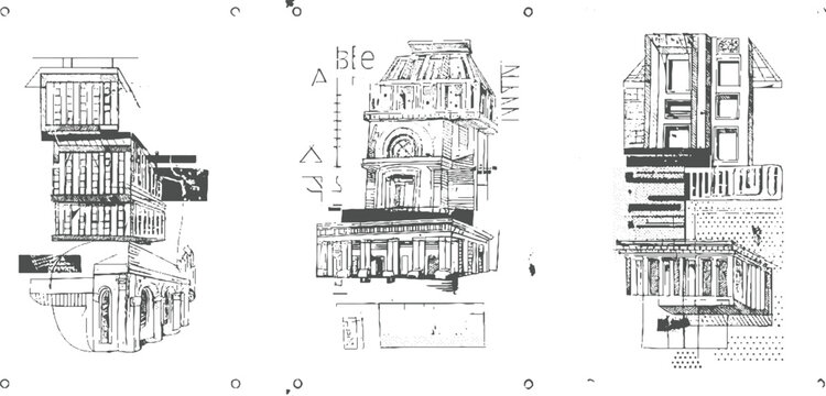 Architectural collage of classical buildings with columns and windows in monochrome architecture