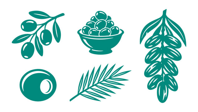 Olive icons set including branch, bowl, leaf, and fruit in green color variations