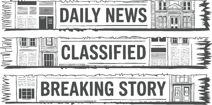 Three horizontal newspaper sections with bold text d a i l y n e w s c l a s i f i e d b r e a k i n g s t o r y and architectural
