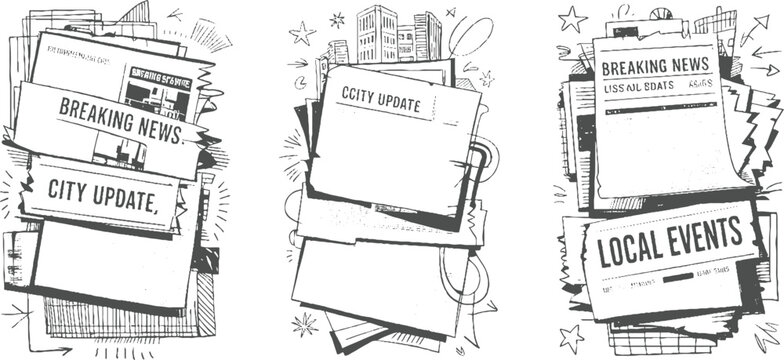 Hand drawn of stacked newspapers with headlines breaking news city update local events and abstract