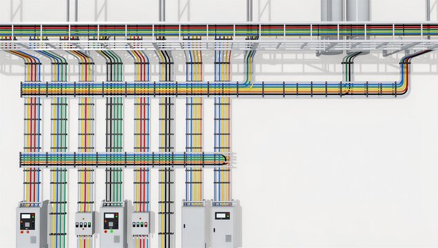 Detailed flat illustration industrial electrical room cable ladder tray layout copy space