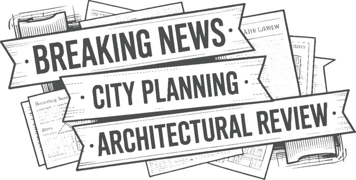 Three overlapping banners with text about breaking news city planning and architectural review on a background of scattered newspapers and documents