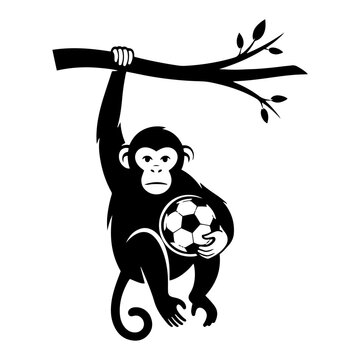 Monkey hanging from tree branch holding soccer ball in silhouette style