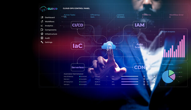 Man interacting with futuristic cloud operations control panel with hologram