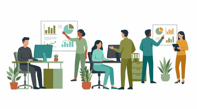 Diverse business team collaborating in office, analyzing data and charts