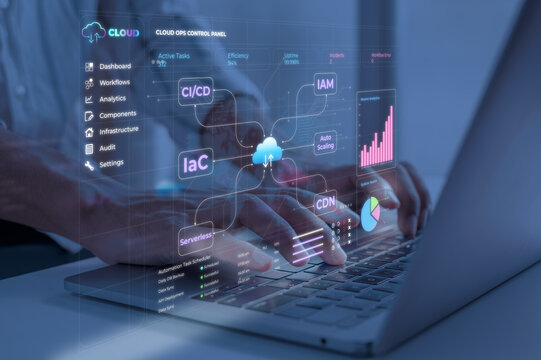 Person working on laptop with cloud ops control panel interface