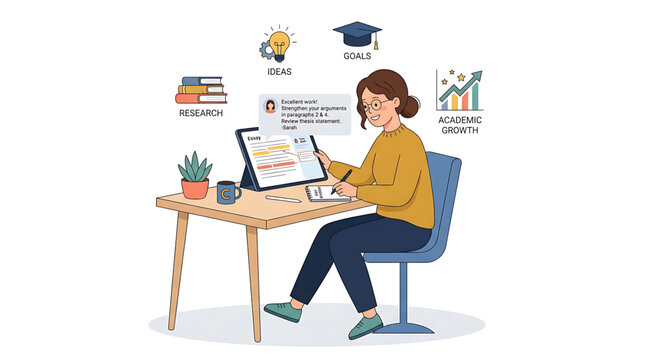 Student receiving feedback on essay writing with digital tools and academic growth icons
