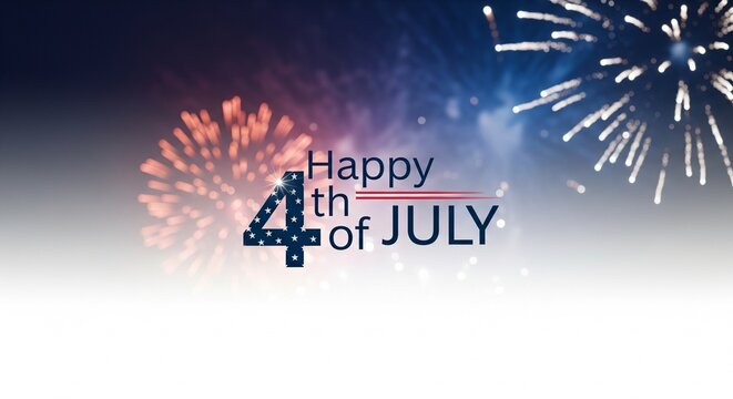 Happy 4th of July text with American flag pattern on number 4 and colorful fireworks exploding in the night sky, festive celebration background