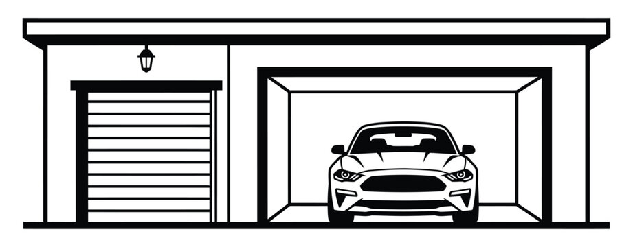 Modern garage with car inside and closed door a lamp light shines above entrance.