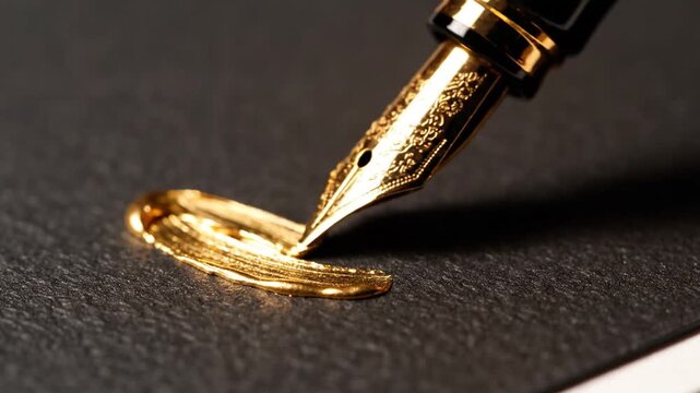 A golden fountain pen nib writes a smooth line on dark textured paper