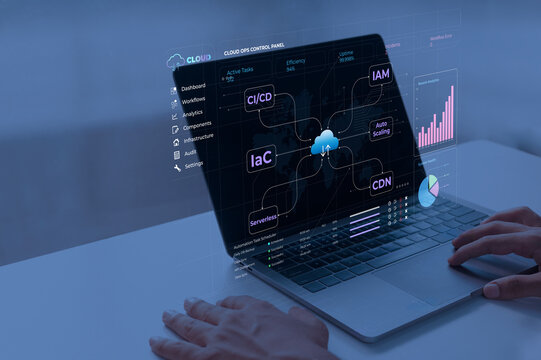 Digital cloud operations dashboard on laptop screen with futuristic data visualization in dark tech setting