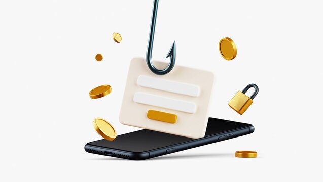 Phishing scam 3D illustration, cyber security threat on smartphone, login credentials theft with fishing hook and gold coins, digital fraud concept