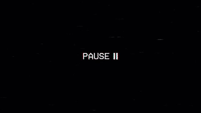 Vcr pause overlay with glitchy white text on static black background. Ideal for retrothemed videos, storytelling effects, or cinematic edits. 4K Video - Alpha Channel