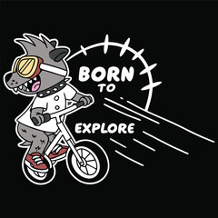 Fototapeta premium Wolf character riding bicycle with goggles and born to explore text in cartoon style.