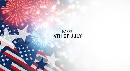 Obraz premium Patriotic Fourth of July celebration with fireworks and American flag elements in a festive abstract design with bokeh lights and copy space for text.