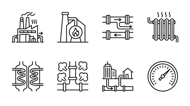 Heating system and thermal energy supply icons. Showing power plant, pipelines, heat transferring, and consumption