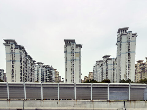 Dense high rise apartment towers beside Shenjiahu Expressway in Minhang District Shanghai, China