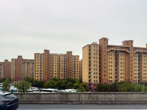 Dense high rise apartment towers beside Shenjiahu Expressway in Minhang District Shanghai, China