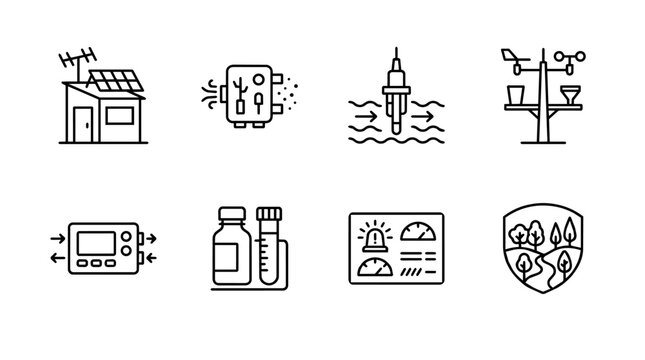Environmental monitoring station equipment icons covering weather, air, water quality, laboratory analysis, and nature protection