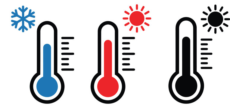 Three temperature thermometer icons representing cold warm and hot weather conditions clip.