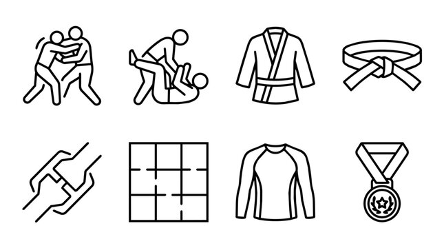 Brazilian jiu jitsu equipment and actions, grappling combat martial arts flat line icon set for self defense training