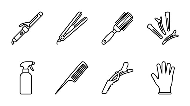 Hairdressing tools set with salon equipment including curling iron, straightener, brushes, combs, clips and spray bottle