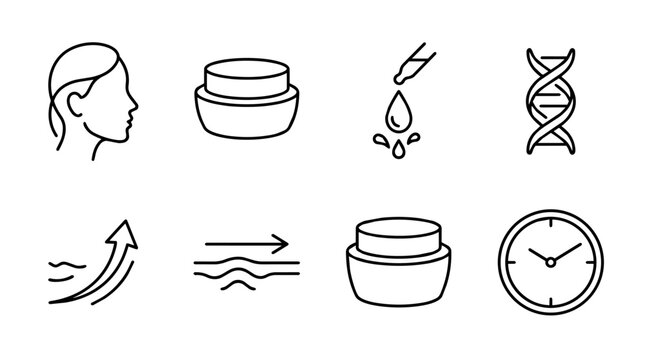 Anti-aging skincare routine with cosmetics, serum, dna, collagen lifting, wrinkle reduction, and time elements icon set