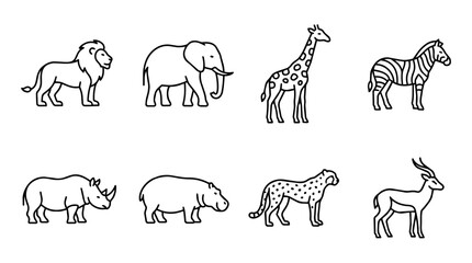 Obraz premium African safari animals line art set. Eight different animal icons isolated on a white background, ideal for interfaces