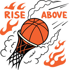 Basketball player scoring hoop with flames and smoke, rise above. © Md