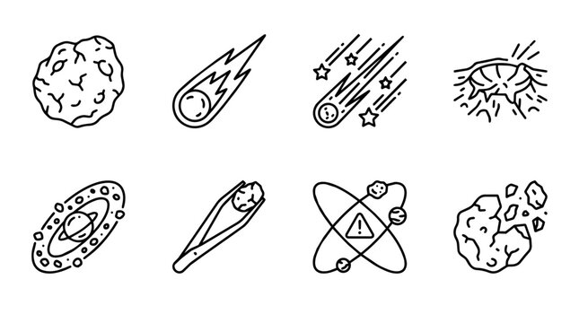 Asteroid, comet, meteorite and impact event icons set. Space debris, cosmic geology, and astronomy symbols