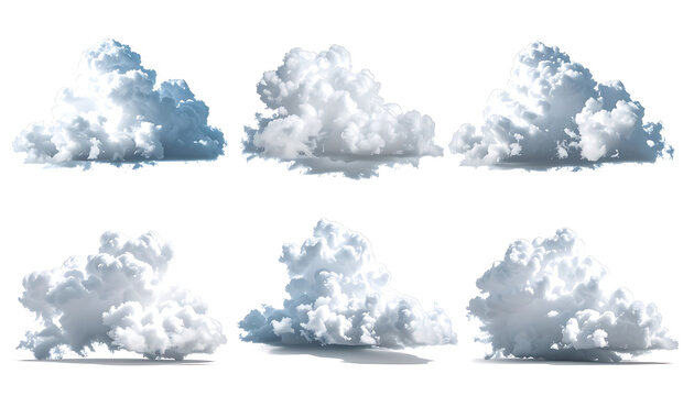 Collection of six fluffy cumulus clouds, realistic 3D rendering, isolated on white background, sky elements for design