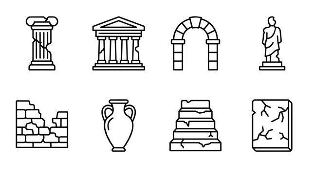 Ancient greece and rome history line icons set. Exploring antique ruins, architecture, and archaeological culture symbols