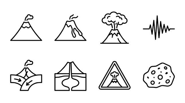 Volcano and earthquake icons illustrating geological activity, eruption stages, seismic waves, plate tectonics, and warning symbols