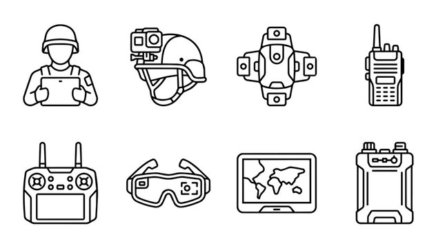 Military and tactical gear with soldier, drone controller, helmet camera, communicators, and smart goggles icons