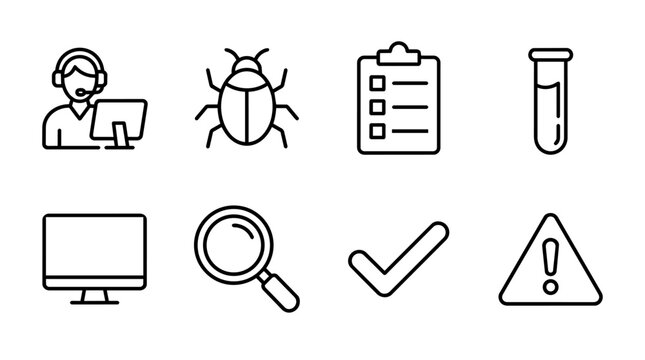 Qa icons highlighting software testing, bug fixes, malware detection, system analysis, and process completion concepts