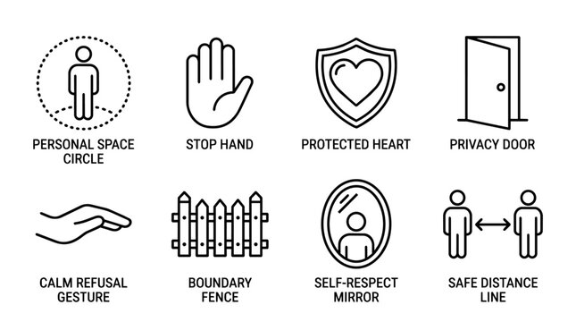 Establishing personal space and healthy boundaries concept with privacy, self-respect, and protection icons